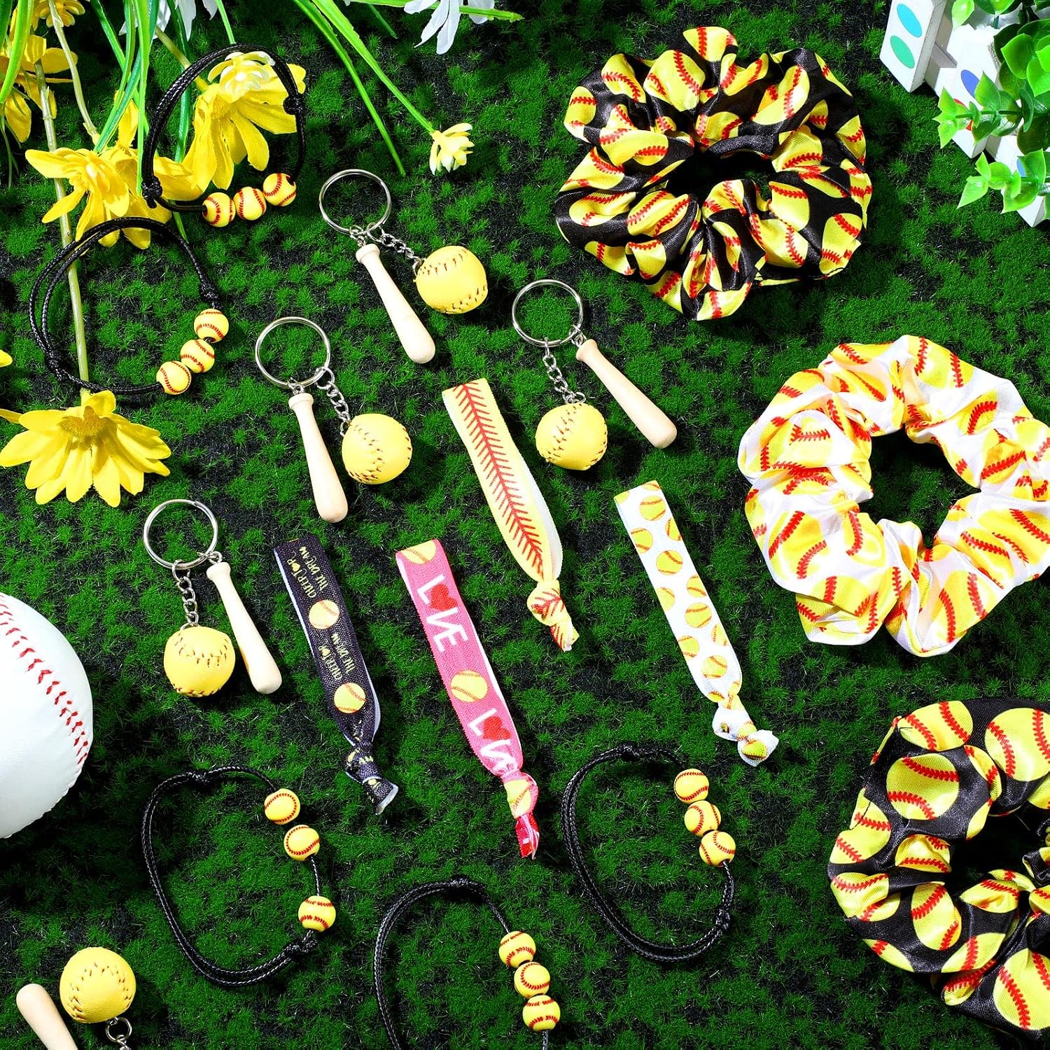 Jexine 48 Pcs Softball Party Favors Set, Including 12 Keychains 12 Hair Ties 12 Scrunchies and 12 Charm Bracelets Softball Goodie Bag Stuffers for Women Team Sports Birthday Party Supplies Decoration