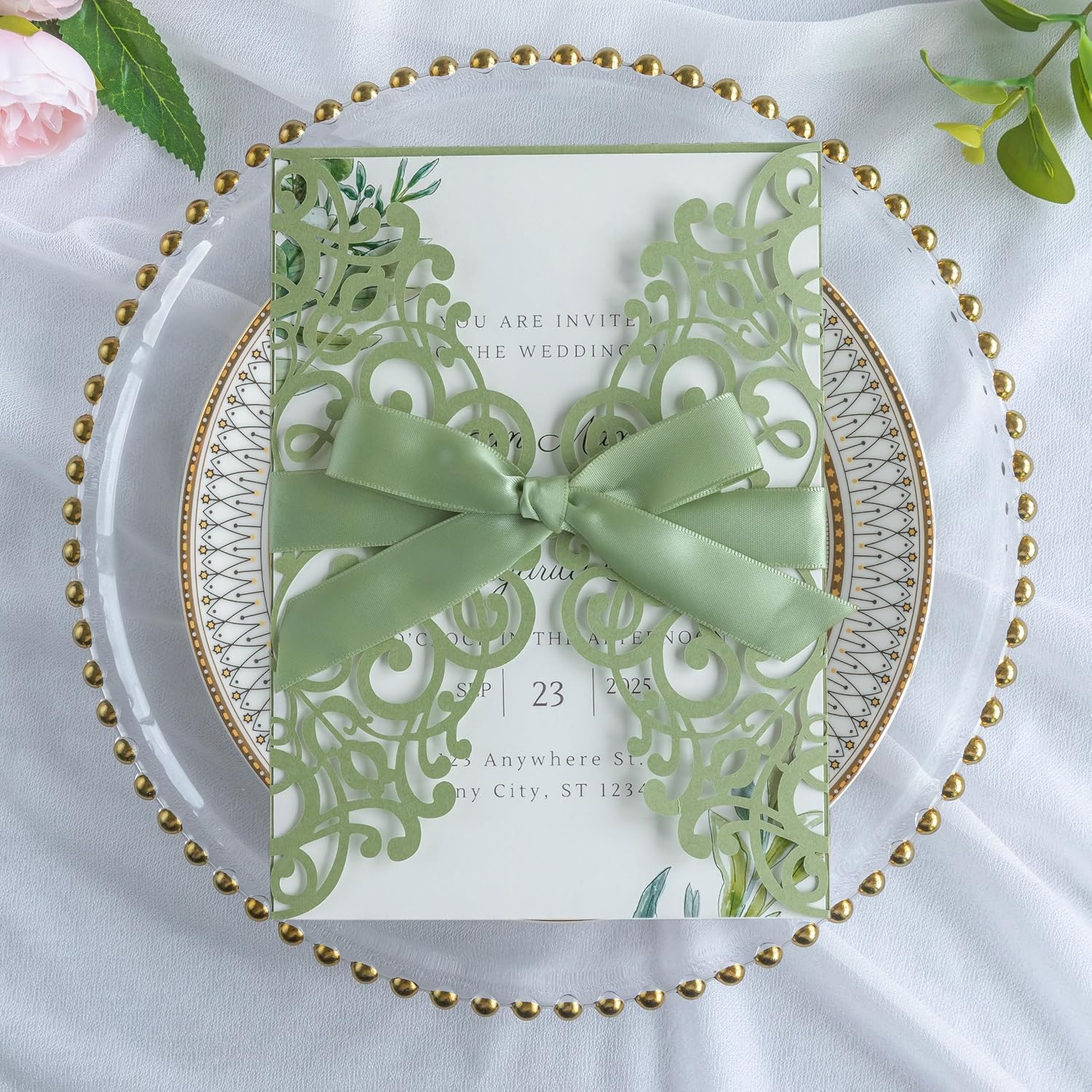 ponatia 25PCS 5.12 x 7.1 '' Sage Green Laser Cut Wedding Invitations Cards with Envelopes for 5x7 Invitation Cards Wedding Baby Bridal Shower Engagement Sweet 16 Birthday Invite