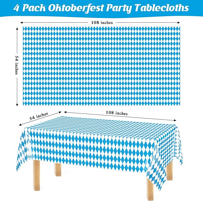 4 PCS Oktoberfest Decoration, 54 X 108 IN Blue White Checkered Plastic Oktoberfest Tablecloth, Disposable Rectangular German Theme Table Supplies, Bavarian Tablecover, Beer Tablecloth for Party Picnic