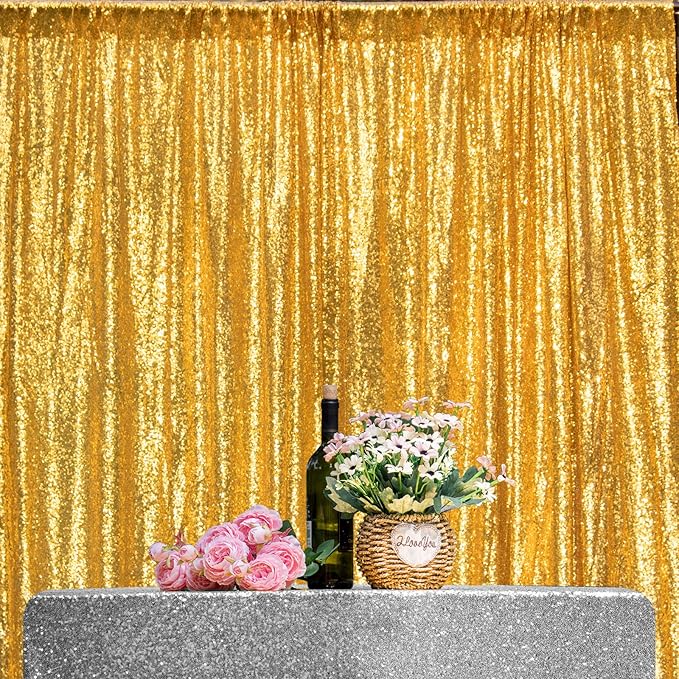JYFLZQ Gold Sequin Backdrop Curtains 7ft x 7ft 1 Panel Glitter Photo Booth Backdrops Sparkly Photography Background Drapes for Parties Wedding Bridal Showers