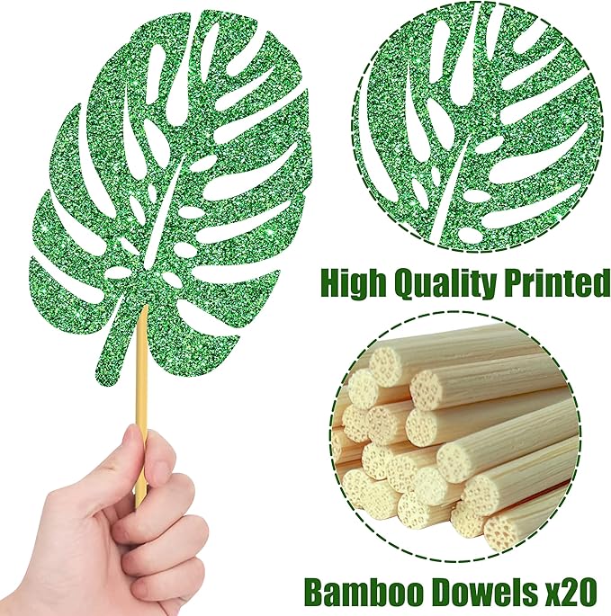 20pcs Glitter Tropical Leaves Centerpiece Decorations for Table Green Palm Leaf Theme Centerpiece Sticks Hawaiian Luau Birthday Decorations for Summer Jungle Theme Birthday Party Baby Shower Supplies