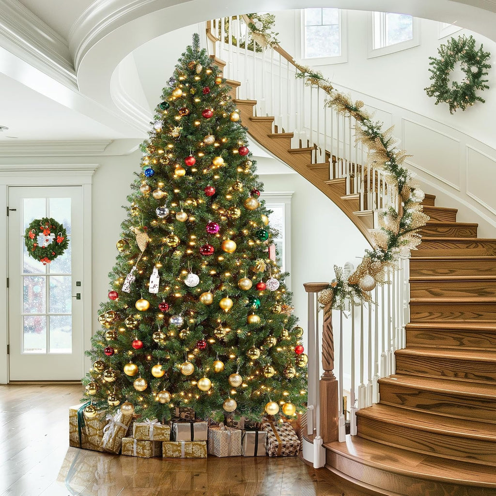 yaheetech 9ft pre-lit christmas tree with 850 warm shown in use