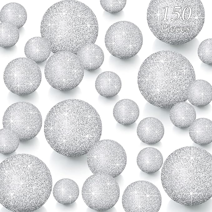 150 Pieces Vase Filler Faux Pearls Vase Makeup Beads No Hole Gloss Bead Mixed Sizes Round Pearl for Home Party Wedding Decor, 8/14/20 mm(Glitter Silver)