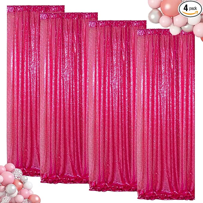 ShinyBeauty Sequin Curtains Panels Hot Pink Sequin Backdrops 4 Pieces Photo Backdrop Shimmer Background for Baby Shower Fuchsia Fabric Curtain New Year,Birthday Party,Holiday Decor (2Ftx8Ft)