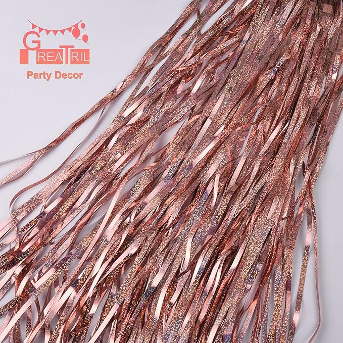 Rose Gold Tinsel Curtain Party Backdrop - GREATRIL Foil Fringe Curtain Streamers for Bachelorette Party Decorations Bride Be Party Streamers 2 Packs (Rose Gold)