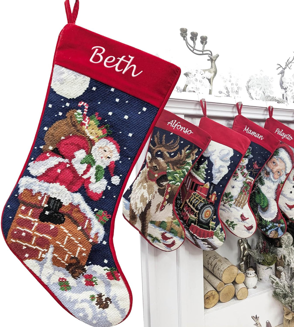 Santa on Chimney Needlepoint Christmas Stocking - Personalized Name Embroidery Family Holiday Keepsake Décor