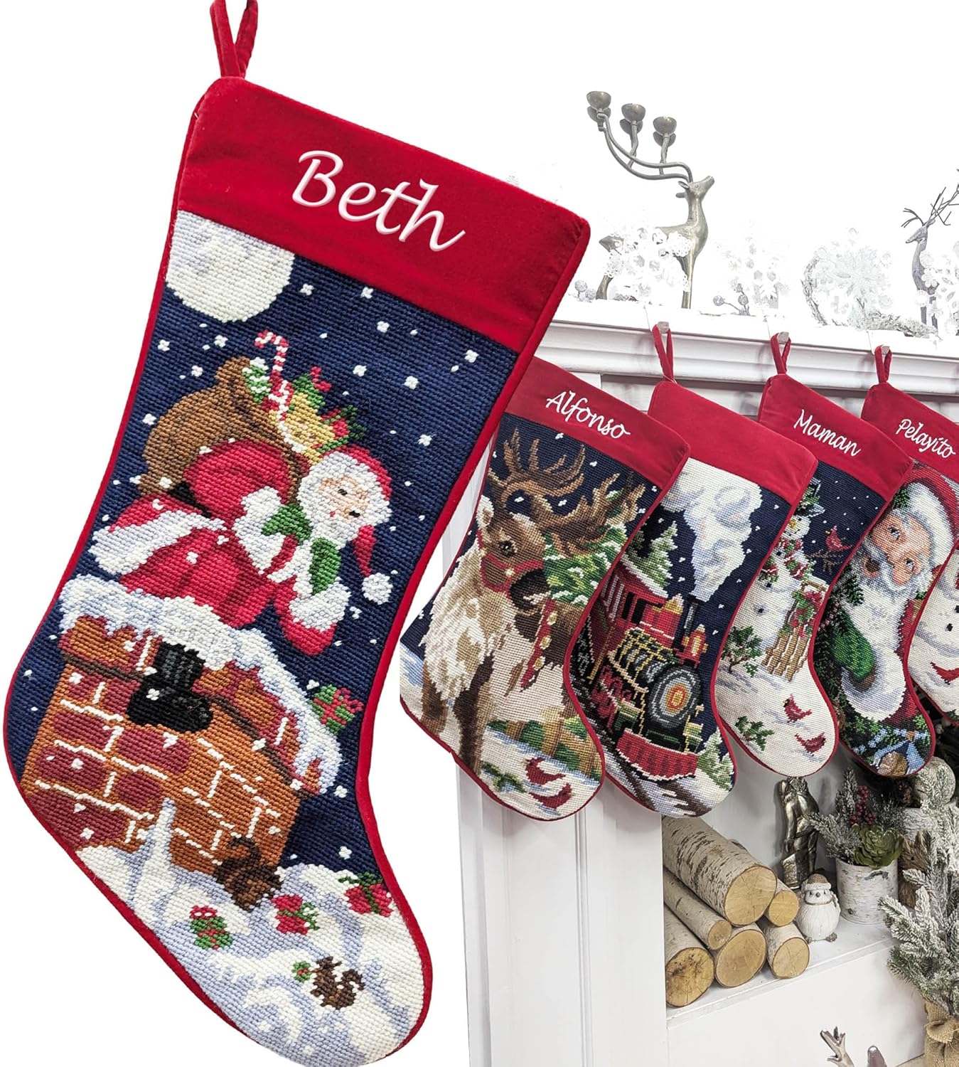 Santa on Chimney Needlepoint Christmas Stocking - Personalized Name Embroidery Family Holiday Keepsake Décor