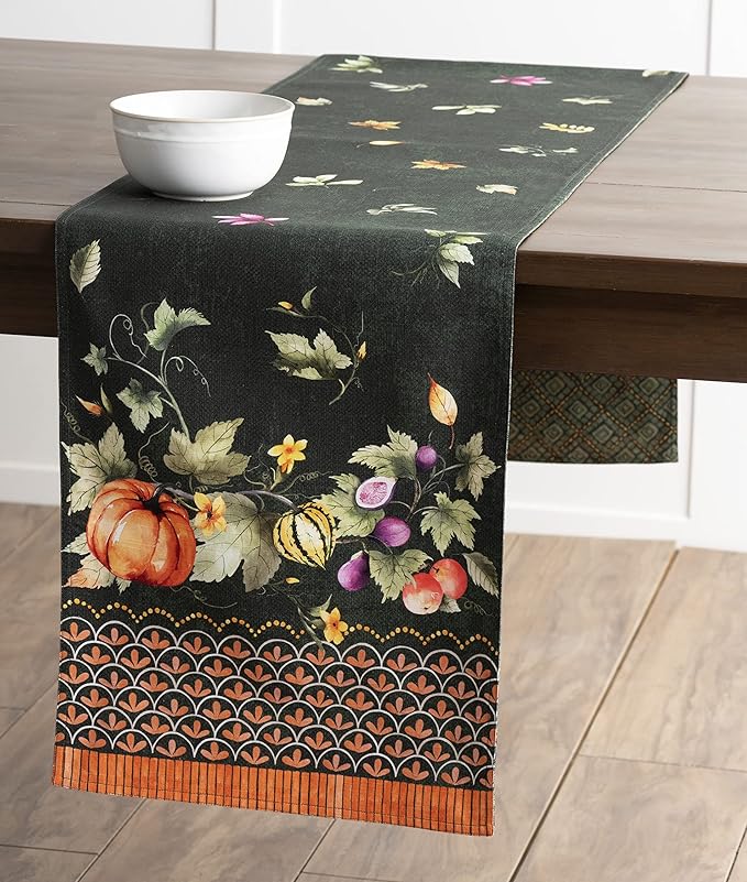 Maison d' Hermine Table Runner 100% Cotton Double Layer Table Runners 108 inches Long for Thanksgiving Christmas Decorations Home Kitchen Dining Wedding (Pumpkin Garden - Dark Green, 14.5" x 108")