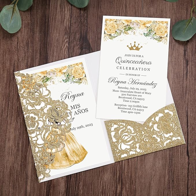 DORIS HOME 50pcs Laser Cut Quinceanera Invitations Gold Glitter, 4.7x7.1 Personalized Quince Invitations for 15th Birthday, Invitation cards for Sweet 16 with Envelopes