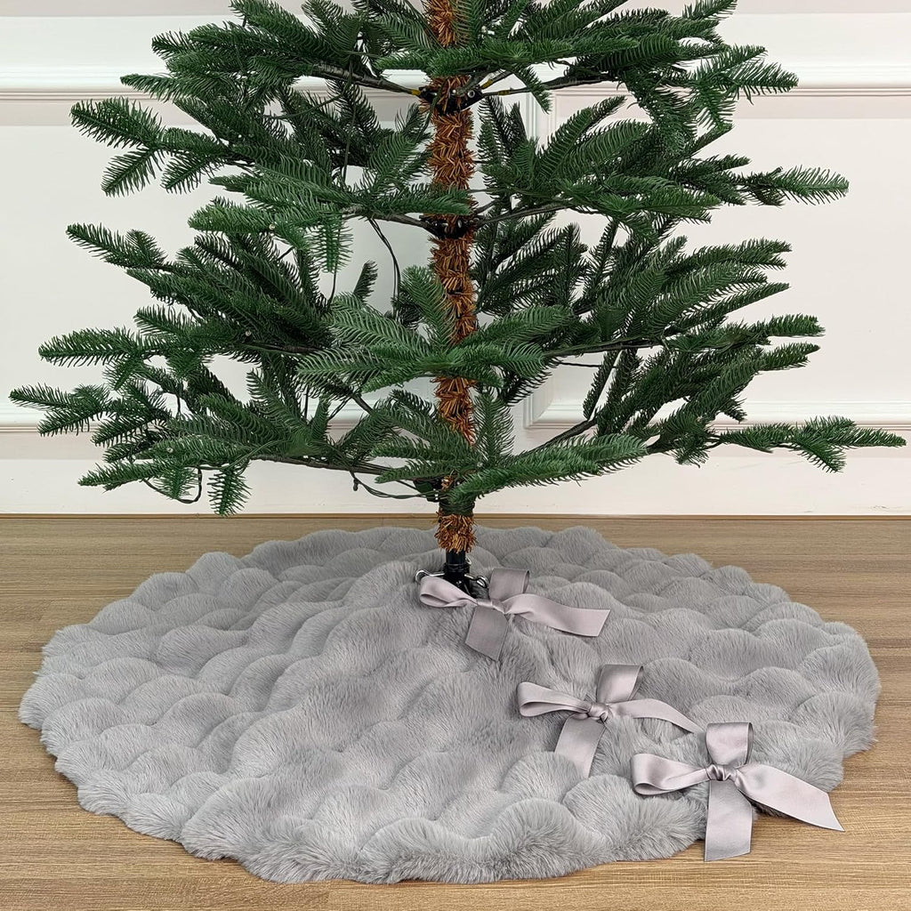 36-Inch Puff Quilt Faux Fur Christmas Tree Skirt, Soft Plush Tufted Texture with Satin Ribbon Ties, Cloud Gray