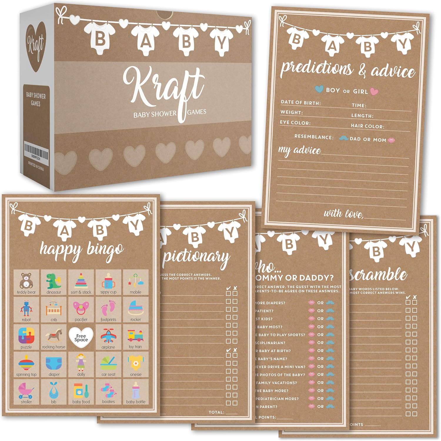 Party Hearty Baby Shower 5 Game Pack, Premium Thick Cardstock - Kraft | 5 Classic Baby Shower Games, 250-Piece Party Pack, Perfect for Baby Showers, Simple & Fun