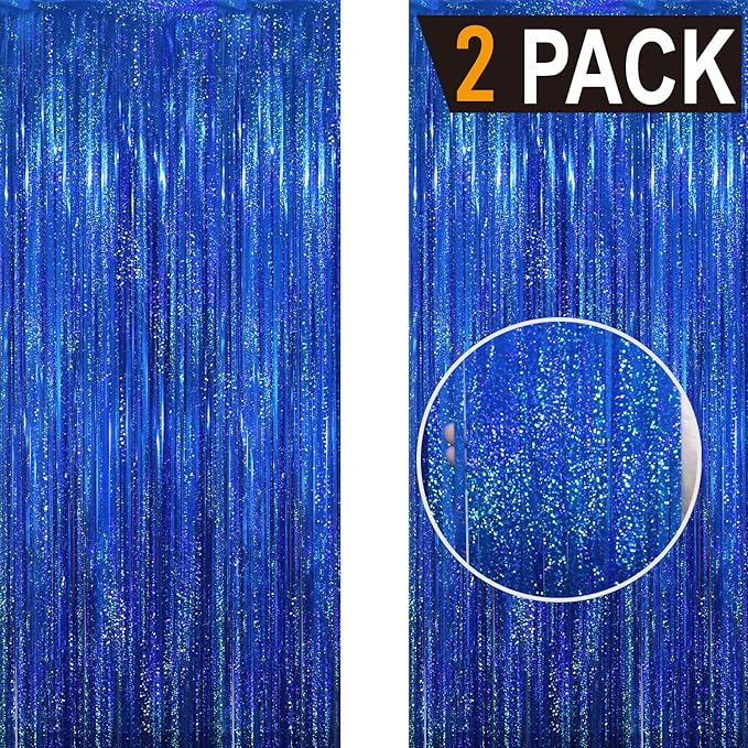 GOER 6.4 ft x 8.2 ft Metallic Tinsel Foil Fringe Curtains Party Photo Backdrop Party Streamers for Birthday,Graduation,New Year Eve Decorations Wedding Decor(2 Packs,Shiny Blue)