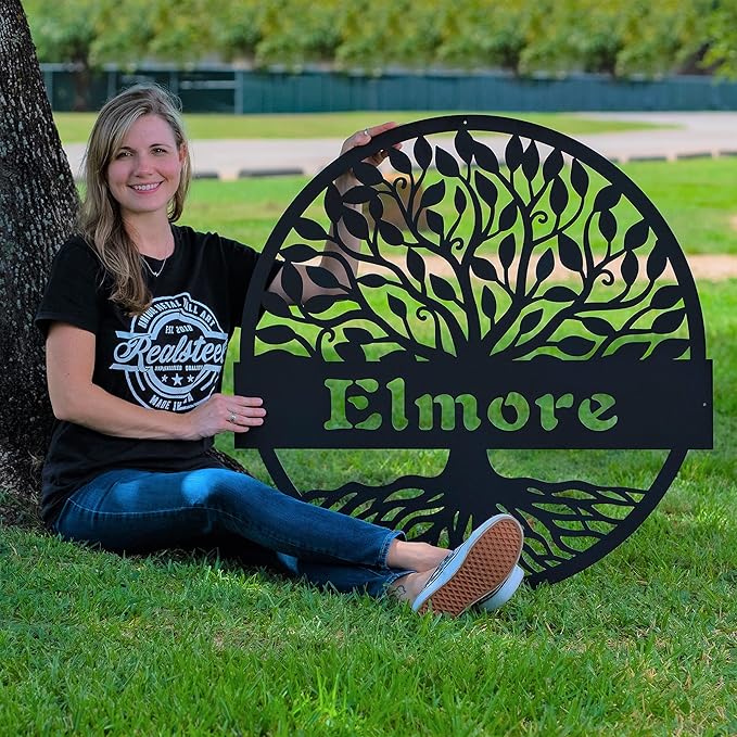 RealSteel Personalized Metal Wall Art - Custom Tree of Life Design with Family Name - Circular Metal Sign - Personalized Wedding, Anniversary, or Housewarming Gift (30")