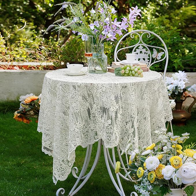 Lace Embroidered Tablecloth. Square Lace Vintage Tablecloth Dustproof Table Protector for Kitchen Dining Room Party Banquet Home Picnic Wedding Decoration (Creamy White 53×53 inch)