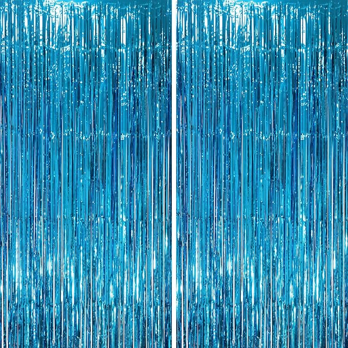 2 Pack Retro Blue Foil Fringe Backdrop Curtains, Tinsel Streamers Party Decorations, Fringe Backdrop, Door Shimmer for Retro Theme Party