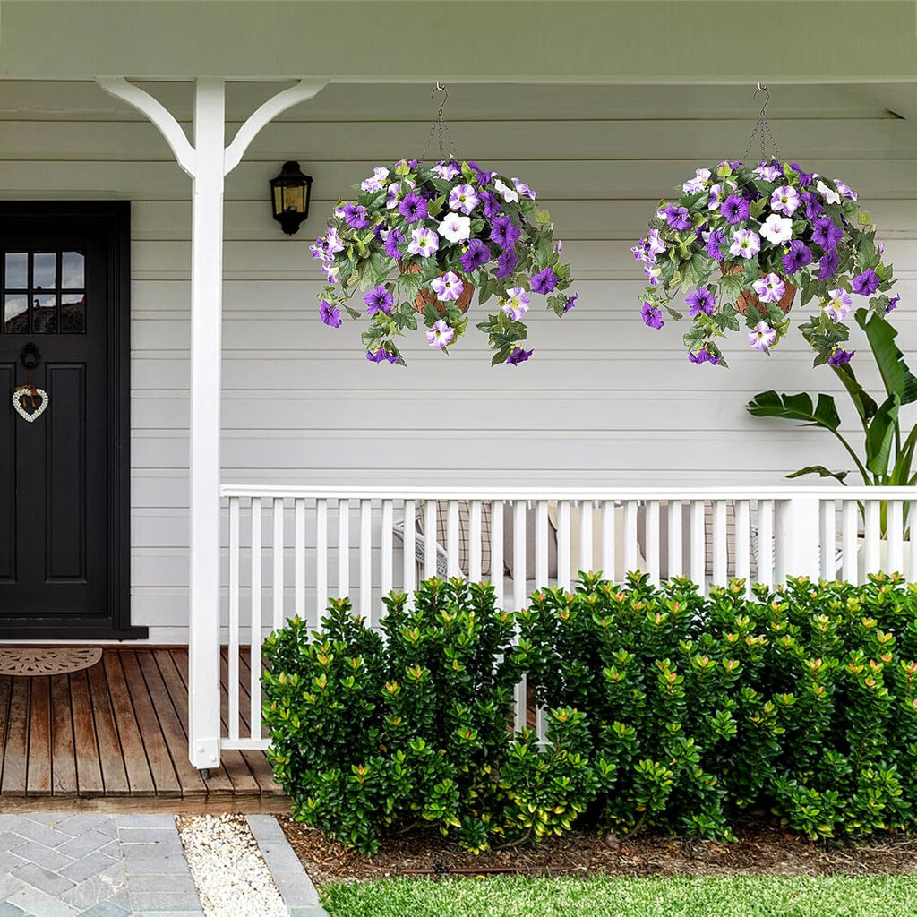 Ammyoo Artificial Fake Flowers Plants for Outdoor Decoration, 2PCS Faux Petunias Silk Flower UV Resistant No Fade for Home Outside Garden Balcony Yard Porch Realistic Indoor Decor (Purple White)