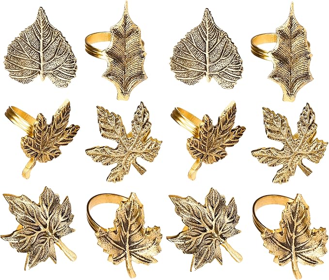 Rustic Napkin Rings Set of 12 - Elegant Leaf Napkin Holders for Dining Table, Wedding, Party, Holiday & Everyday Use - Handmade Decorative Table Accessories (Antique Gold) - ALPHA Living HOME