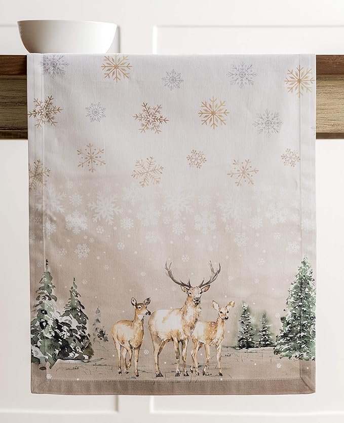 Maison d' Hermine Table Runner 100% Cotton Single Layer Table Runners 72 inches Long for Thanksgiving Christmas Decorations Home Kitchen Dining Party Wedding (Deer in The Woods, 14.5" x 72")