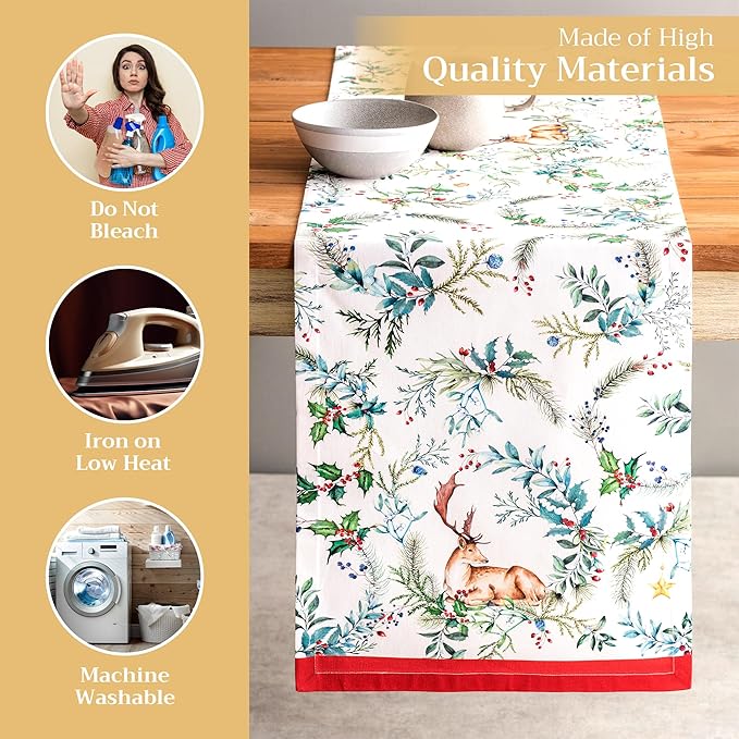 Maison d' Hermine Table Runner 100% Cotton Single Layer Table Runners 72 inches Long for Thanksgiving Christmas Decorations Home Kitchen Dining Party Wedding (Holly Time, 14.5" x 72")