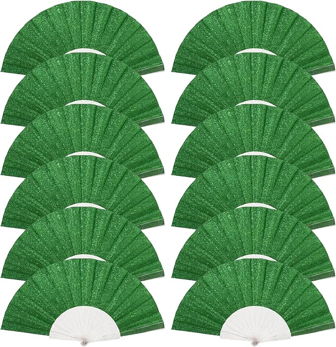 12 Pack Handheld Fan,Folding Hand Glitter fan with Shining Transparent Fan Rib – Ideal for Wedding, Church, Festival, Dance, Tea Party, Club, and EDM Accessories, Light green