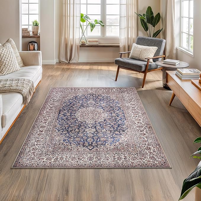 Bloom Rugs Washable Non-Slip 4' x 6' Rug - Dark Blue/Beige Traditional Medallion Area Rug for Living Room, Bedroom, Dining Room, and Kitchen - Exact Size: 4' x 6'