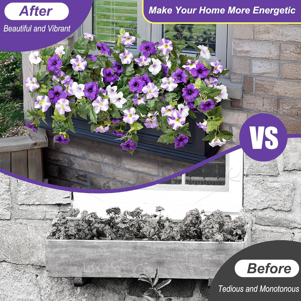 Ammyoo Artificial Fake Flowers Plants for Outdoor Decoration, 2PCS Faux Petunias Silk Flower UV Resistant No Fade for Home Outside Garden Balcony Yard Porch Realistic Indoor Decor (Purple White)