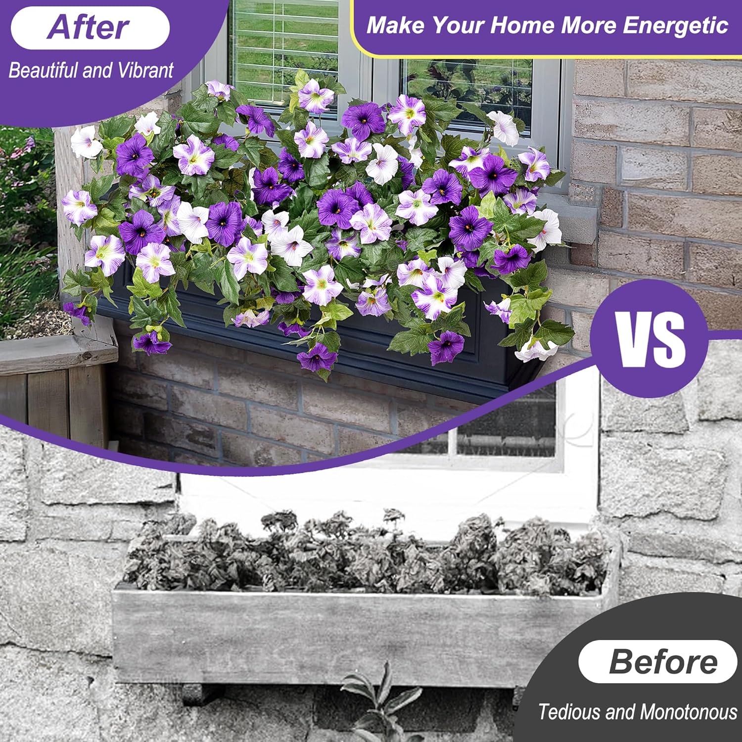 Ammyoo Artificial Fake Flowers Plants for Outdoor Decoration, 2PCS Faux Petunias Silk Flower UV Resistant No Fade for Home Outside Garden Balcony Yard Porch Realistic Indoor Decor (Purple White)