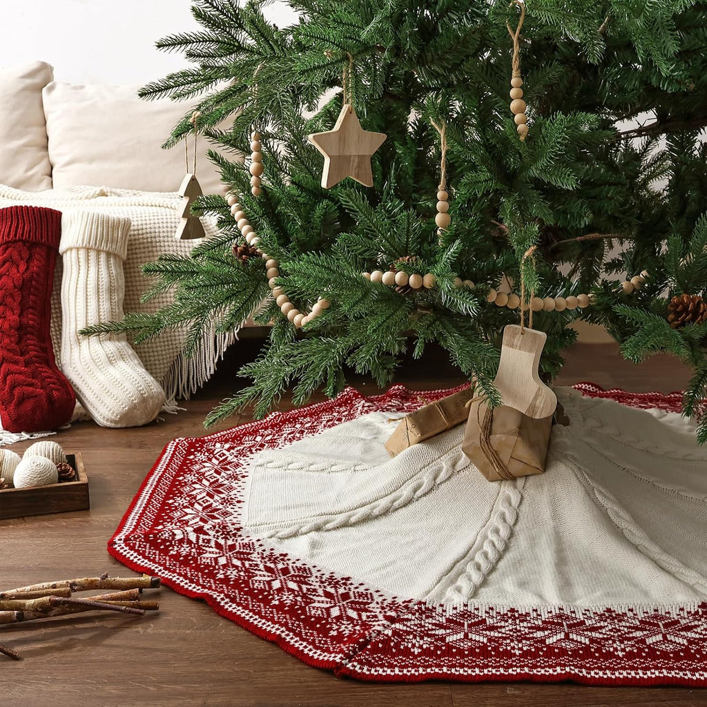 48 inch Christmas Tree Skirt: Cable Knit Tree Skirt with Red White Snowflake Polygon Edge, Tree Skirt for 7.5ft Tree, Vintage Tree Skirts, Rustic Farmhouse Christmas Decorations