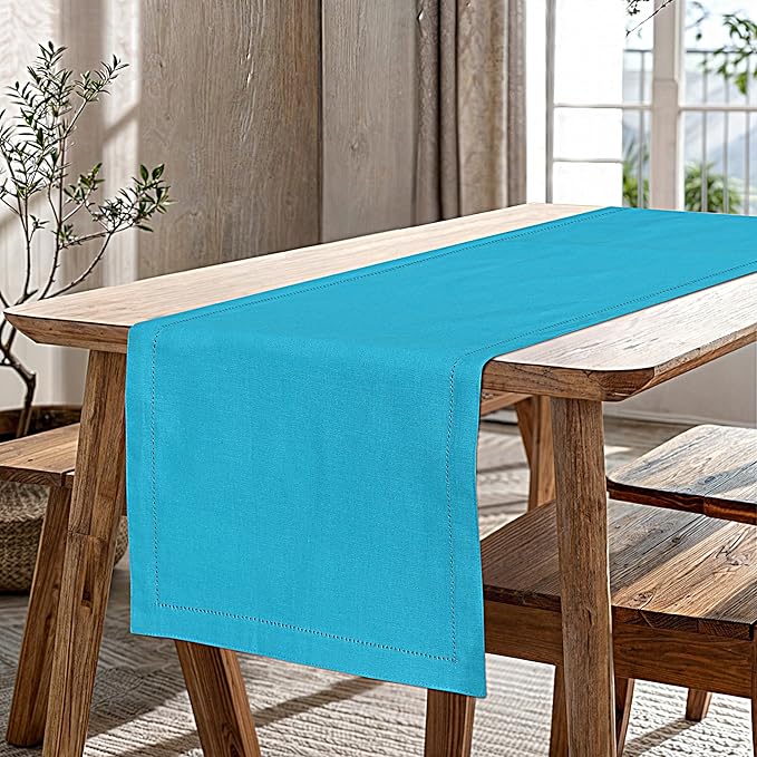 Ruvanti Linen Table Runner 72 Inches, Classic Hemstitch, Washable, Reusable, Non-Slipping, Stain Resistant- Perfect for Parties, Weddings, Dinners, Thanksgiving, Christmas, Indoor use – Blue