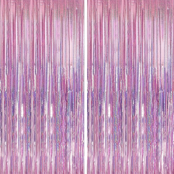 Crosize 2 Pack 3.3 x 9.9 ft Laser Pink Foil Fringe Backdrop Curtain, Streamer Backdrop Curtains, Streamers Birthday Party Decorations, Tinsel Curtain for Parties, Galentines Decor, Preppy, Photo Booth