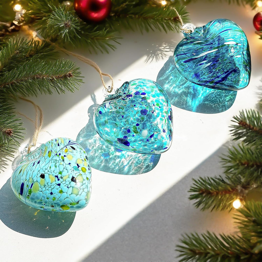 Set of 3 Handmade Glass Heart Ornaments 3.5 Inch Hanging Heart Decoration | Hand-Blown Craftsmanship, Easy-Hang Lanyard Design for Indoor & Outdoor Hanging