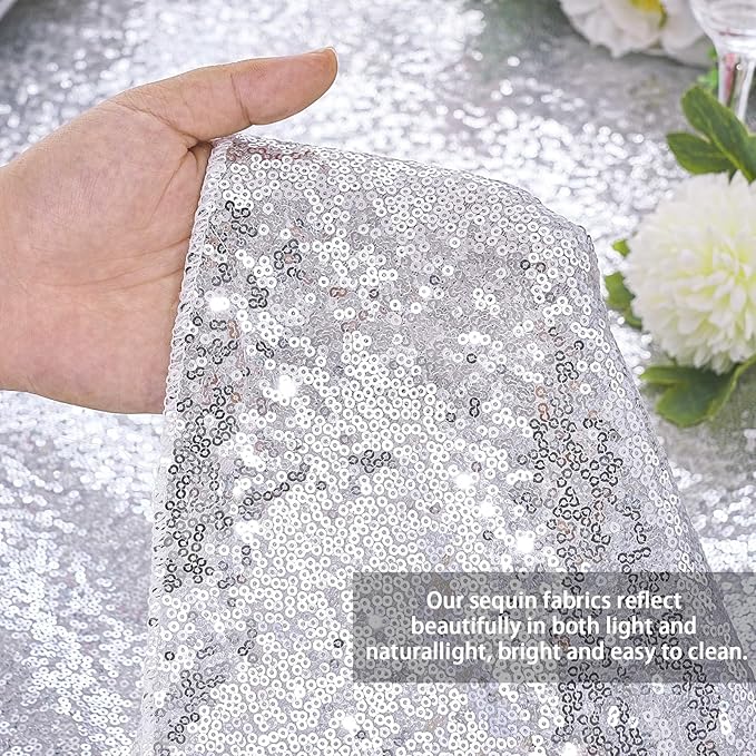QueenDream Sequin Tablecloth 60x102 Inch Silver Tablecloth Christmas Glitter Tablecloth 6ft for Baby Shower Party Christmas Decorations