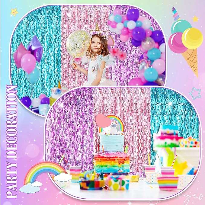 Jutom 6 Pieces 3.3 x 6.6 ft Wavy Tinsel Foil Fringe Curtains Foil Fringe Streamer Backdrop Party Curtain for Sea Mermaid Baby Shower Birthday Party Decoration(Purple, Pink, Blue Green)
