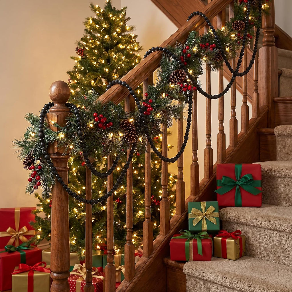 48ft christmas wood bead garland rustic holiday decor on a desk or shelf