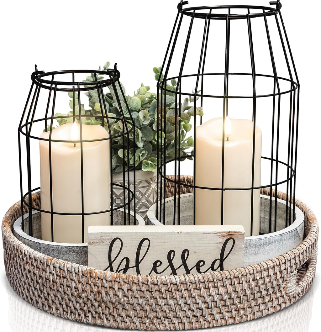 Rustic Farmhouse Lantern Decor Set of 2 - Stylish Decorative Lanterns for Your Living Room, Patio & Porch or Kitchen Dining Table - Modern Indoor/Outdoor Coffee Table Decor for Your Entire Home