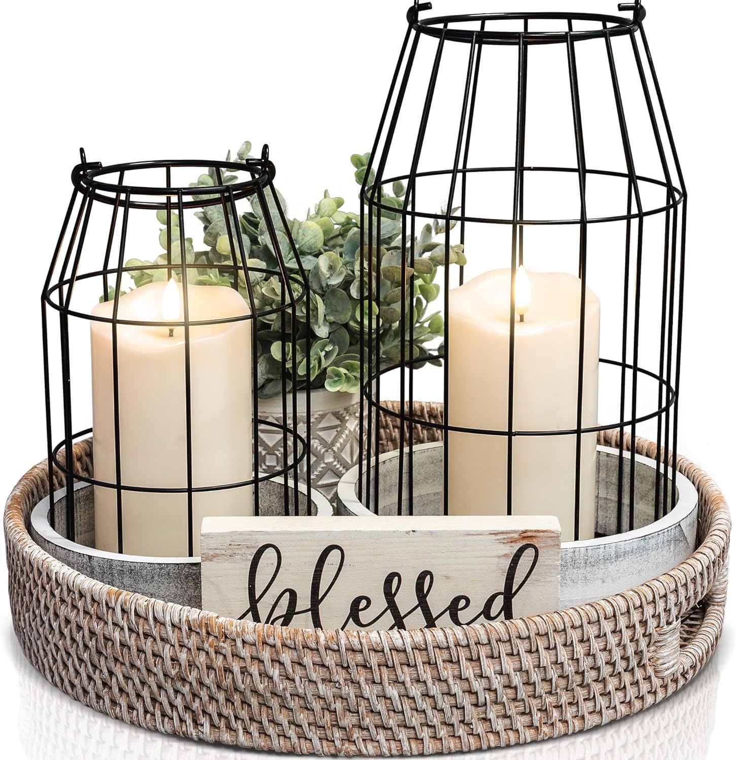 Rustic Farmhouse Lantern Decor Set of 2 - Stylish Decorative Lanterns for Your Living Room, Patio & Porch or Kitchen Dining Table - Modern Indoor/Outdoor Coffee Table Decor for Your Entire Home
