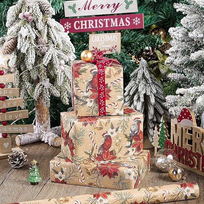 RUSPEPA Kraft Christmas Wrapping Paper Roll, Mini Roll, Cardinal Bird, Poinsettia, Golden Bell and Candy Cane Design, Vintage Kraft Gift Wrap for Women, Family, Xmas Holiday, 17 Inches x 16.4 Feet