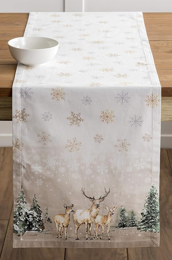Maison d' Hermine Table Runner 100% Cotton Single Layer Table Runners 72 inches Long for Thanksgiving Christmas Decorations Home Kitchen Dining Party Wedding (Deer in The Woods, 14.5" x 72")