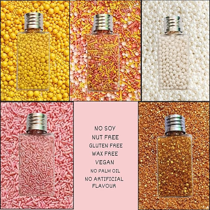 Confect Sprinkles – 5 Pack Assorted Cake Decorating Mix (Yellow & Pearl Dragees, Hot Pink Jimmies, Sparkling Gold Sugar) – Celebration Spring & Summer Sprinkles - Festive Toppings for Cakes, Cupcakes, Cookies, Birthday Parties – Vegan, Gluten-Free, Nut...