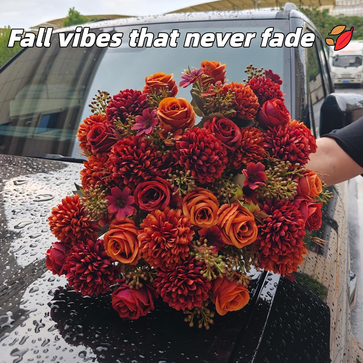 8 Pack Artificial Fall Flowers, Orange Red Silk Faux Bouquet