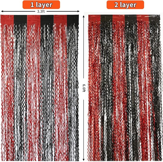 4 Pack Sparkle Red and Black Fringe Curtain - 3.3x6.6 Feet Tinsel Streamer for Birthday Decorations | Halloween Decorations | Casino Theme Party Decorations | Red Carpet