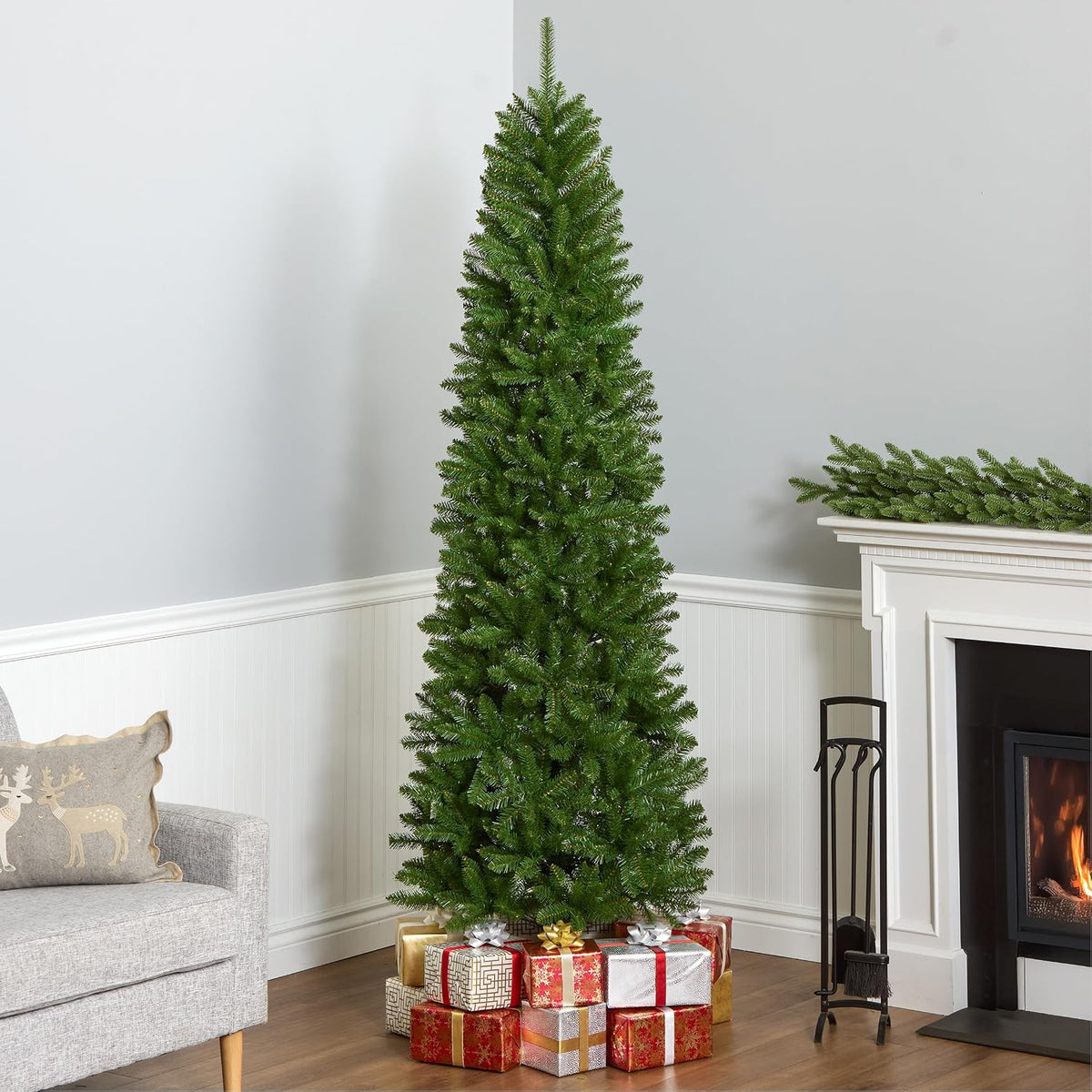 national tree company 7.5ft unlit kingswood fir slim shown in use