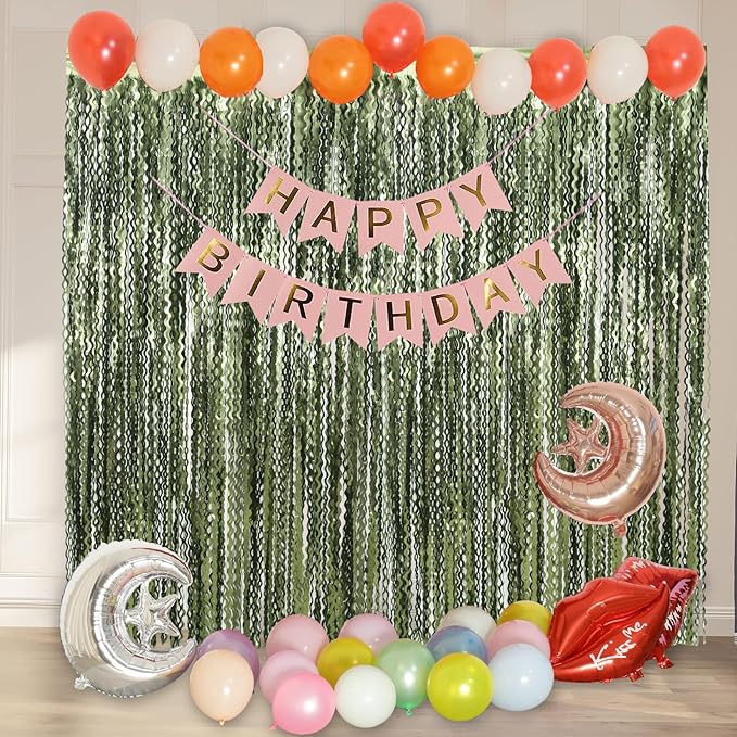 4 Pack Wavy Olive Green Streamers Backdrop Jungle Party Decorations - 3.3x6.6ft Foil Fringe Curtains Photo Booth for Dinosaur Animal St Patrick's Day Football Decor