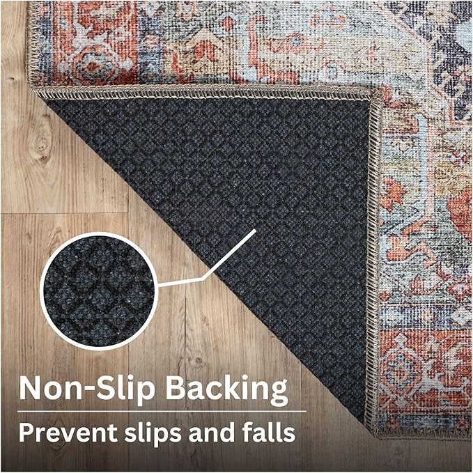 Bloom Rugs Washable Non-Slip 3' x 5' Rug - Terracotta/Blue Traditional Medallion Area Rug for Living Room, Bedroom, Dining Room, and Kitchen - Exact Size: 3' x 5'