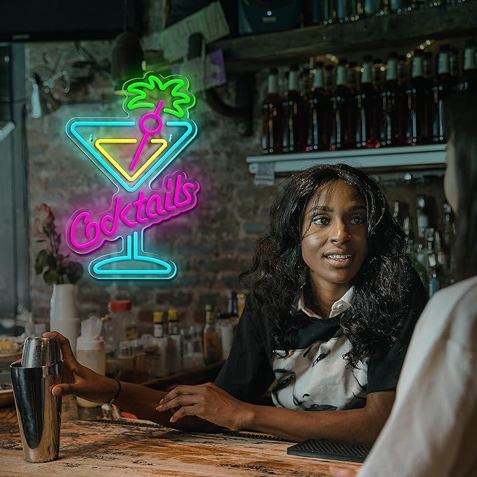Cocktails Neon Sign Cocktail Glass LED Neon Signs Art Wall Lights for Beer Bar Decor Dimmable USB Powered Martini LED Neon Light for Party, Cocktails Bar, Pub, Night Club, Man Cave Decoration