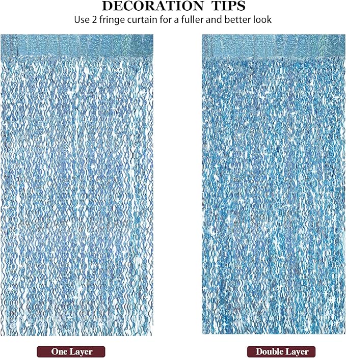 4 Pack Light Blue Party Foil Curtain - CYLMFC 3.3 ft x 6.6 ft Wavy Photo Booth Backdrop Metallic Tinsel Foil Fringe Curtains Environmental Background for Birthday Wedding Party Christmas Decorations