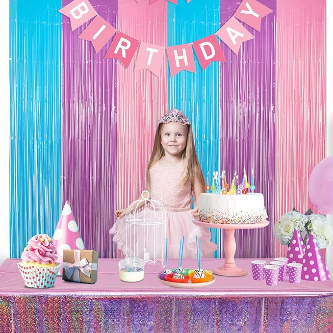 Blue Purple Pink Tinsel Backdrop - GREATRIL Pastel Foil Fringe Curtain Streamers for Pony Theme Birthdays Mermaid Shower Unicorn Girls Party Decorations 2 Packs