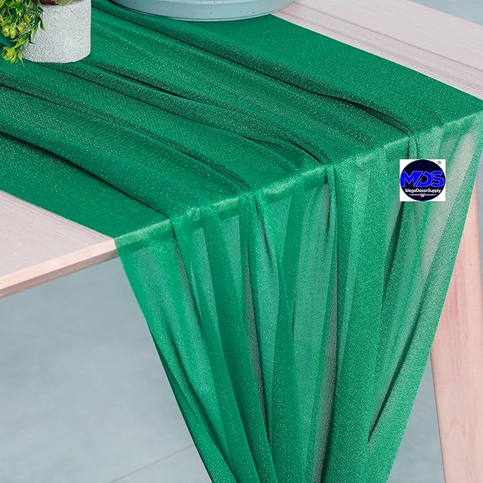 MDS 2 Pack 14ft Chiffon Table Runner 29 x 170 Inches Sheer Wedding Runner Romantic Rustic Table Runner for Wedding Decorations, Birthday Parties, Bridal Shower Party Arch Decor - Emerald Green