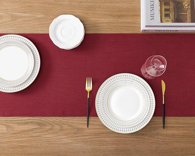 ZeeMart Linen Textured Border Table Runner, 14 x 90 Inch Red, Farmhouse Style Red Table Runners 90 Inches Long, Easy Care Everyday Polyester Table Runner