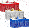 3 Pack Red Dark Blue Silver Table Skirts, 29x108" Metallic Foil Tinsel Fringe Table Skirt for Rectangle Tables Streamer Curtains Backdrop, Party Decorations for Birthdays, Weddings, Holidays